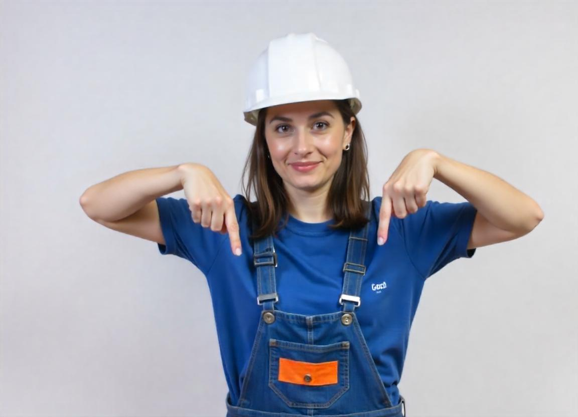 Kobieta w odzieży roboczej z logo, wskazująca na nadruk na koszulce - maszyny drogowe sprzedaż